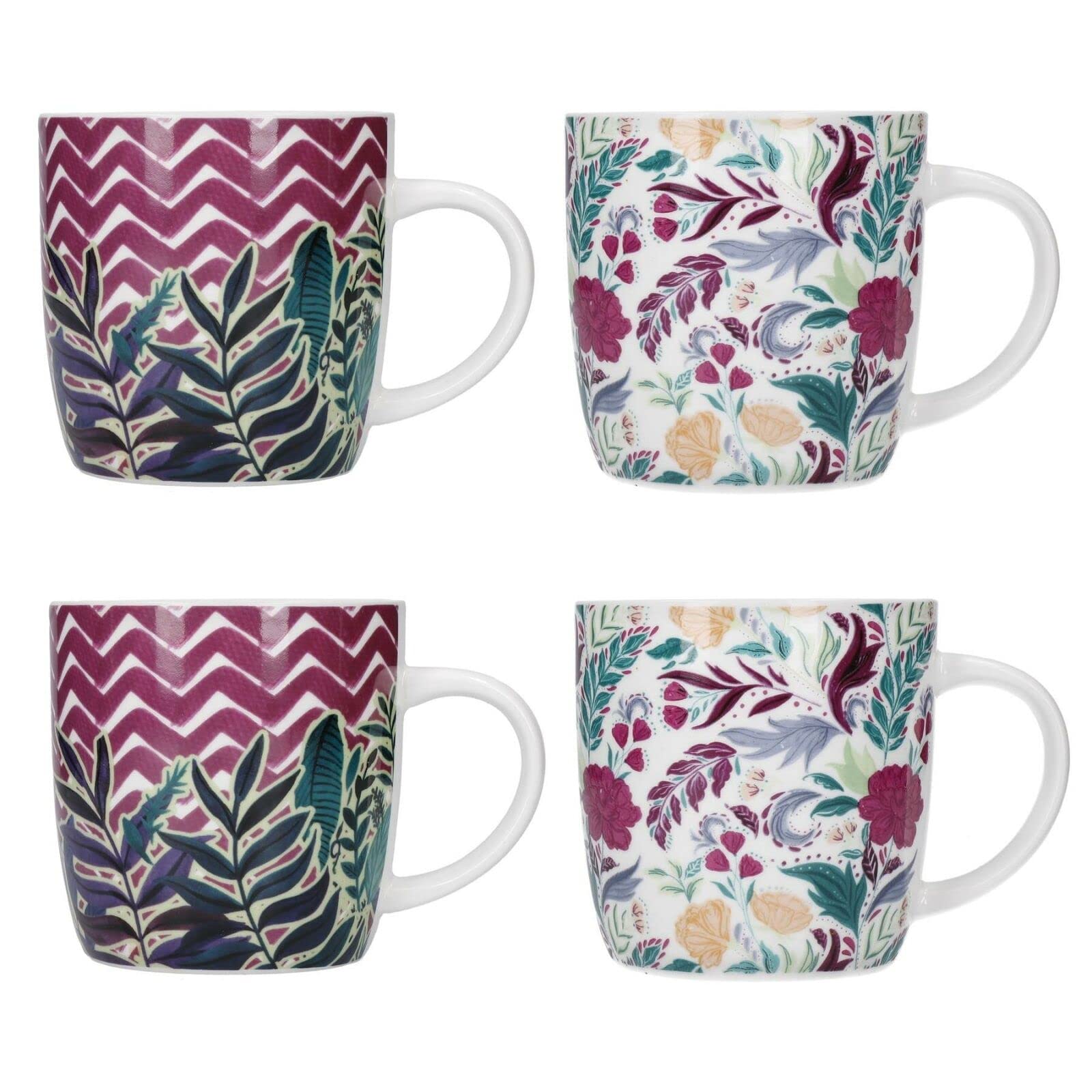 KitchenCraft Exotic Floral Set of 4 Stoneware Barrel Coffee Mugs 425ml