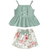 Kucnuzki Toddler Baby Girl Clothes Summer Outfits Ruffle Sleeveless Linen Shirt Kid Short Set for Girl