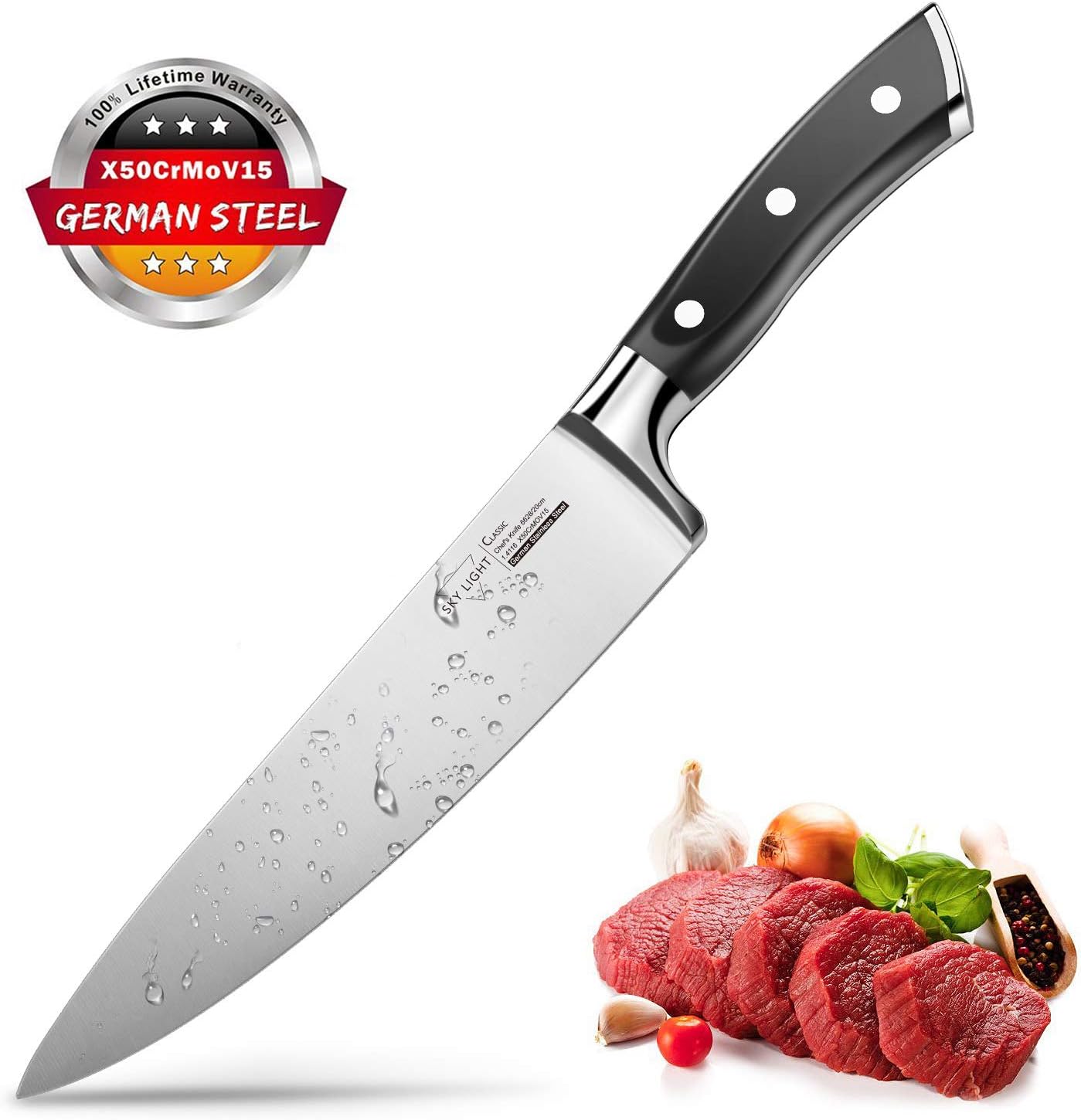 SKY LIGHT Kochmesser Küchenmesser 20cm Messer Profi Chefmesser Universalmesser aus hochwertigem Carbon Edelstahl, Extra Scharfe Messerklinge mit ergonomischer Griff