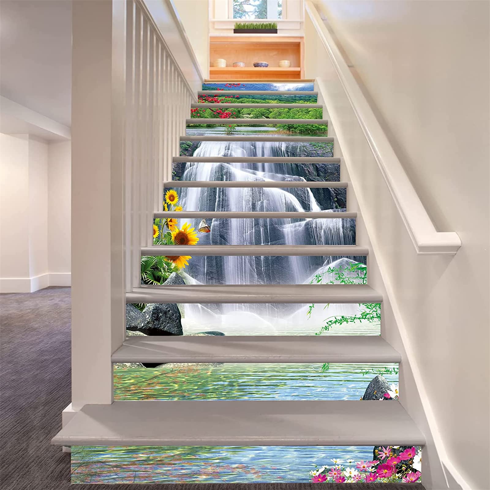 FLFK 13Pcs Waterfall Flowers Stair Risers Sticker Peel and Sick 39.37"x7.08",Self-Adhesive Staircase Stickers Decals Mural Wallpaper for Home Decor