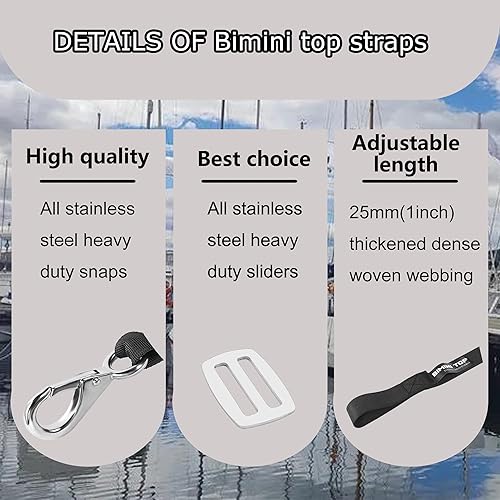 Adjustable Bimini Top Straps - Marine Grade With Stainless Steel Hooks, 42-74 Inch Boat Awning Straps
