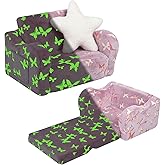 MOMCAYWEX Toddler Couch, 2-in-1 Kids Soft Couch Fold Out with Star Pillow, Foldable Sofa to Lounger, Medium, Butterfly Glow in The Dark