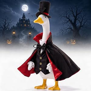 Spoilu Porch Goose Halloween Outfit Gothic Clothes for 23 Inch Lawn Statue | Goose Costume with Black Red Cloak and Bat Hat,