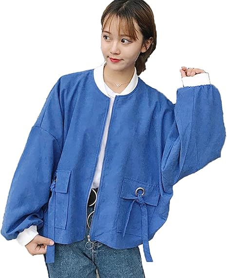 Amazon ニカ レディース 春 秋 ジャケット ジャンパー ブルゾン 長袖 ショーツブルゾン 薄手 原宿系 Bf風 シンプルブルー コート ジャケット 通販