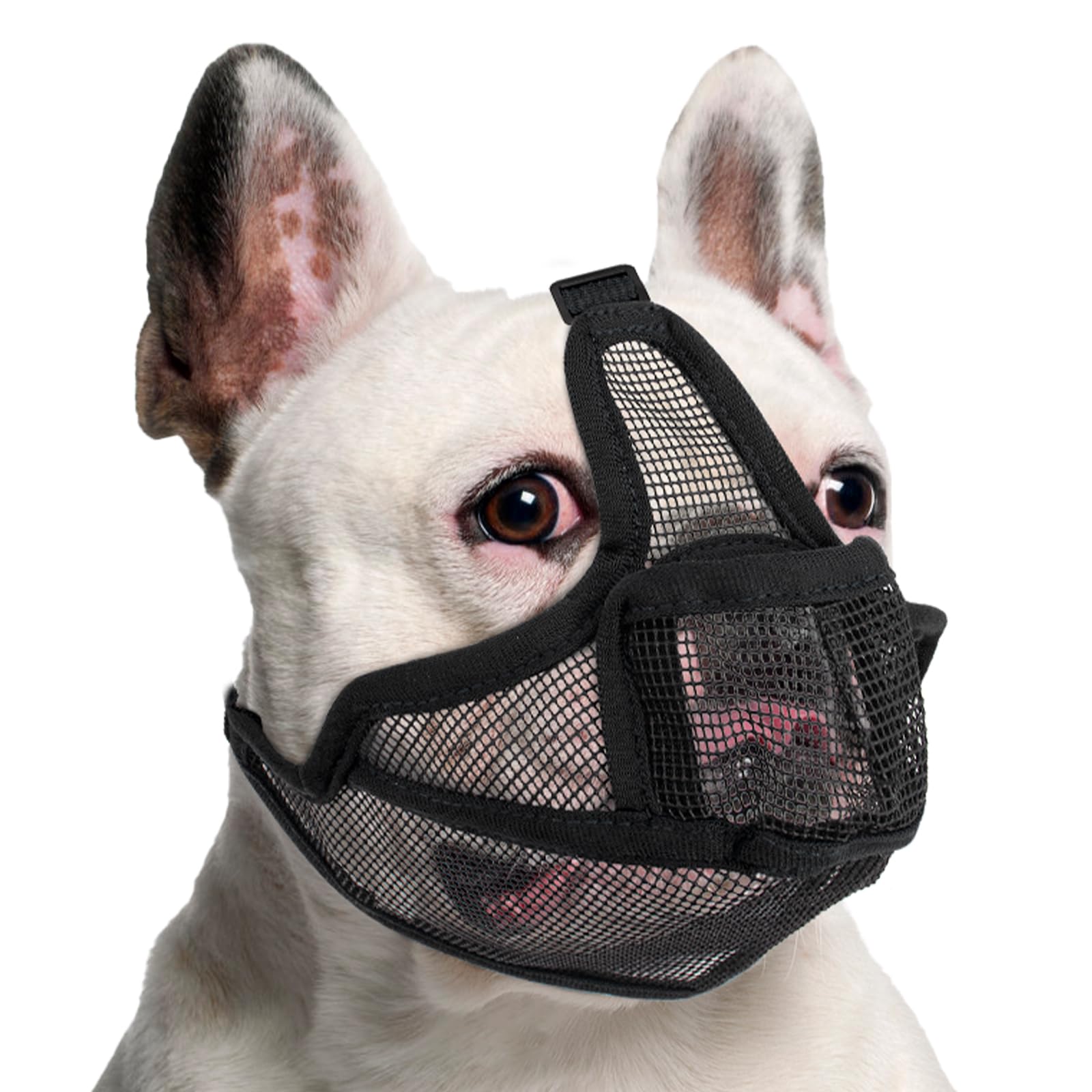 Photo 1 of Coppthinktu Short Snout Dog Muzzle, Breathable Mesh French Bulldog Muzzle Full Pant Muzzles for Pitbull, Soft Flat Face Dog Muzzles for Pug Prevent Biting Allow Pant & Drink (Black M)