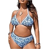 OYOANGLE Women's Plus Size Floral Print Bikini 2 Piece Swimsuit Triangle Halter Bathing Suit High Waisted Swimwear