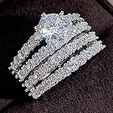 Metmejiao 925 Sterling Silver Moissanite Diamond Ring Multi Rows of 2 PCS Cubic Zirconia Cocktail Rings CZ Diamond Ring Eternity Engagement Wedding Band Ring for Women 18K White Gold Plated 6