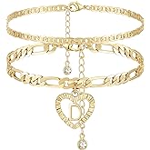 YANODA Initial Ankle Bracelets for Women 14K Gold Plated Layered Figaro Chain Letter Initial Anklets Handmade Layered Heart Ankle Bracelets Personalized Jewelry for Women