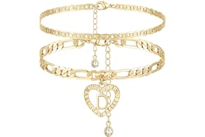 YANODA Initial Ankle Bracelets for Women 14K Gold Plated Layered Figaro Chain Letter Initial Anklets Handmade Layered Heart Ankle Bracelets Personalized Jewelry for Women