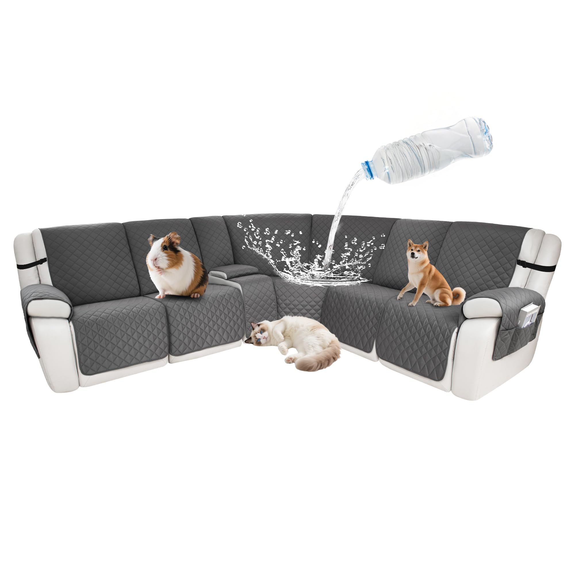 Photo 1 of ROFASVCO Waterproof Sectional Reclining Couch Covers L Shaped Recliner Sectional Sofa Cover 8 Piece Non Slip Washable Corner Recliner Slipcover Set for Pet Dog (5 Seater 1 Console Cover, Gray)