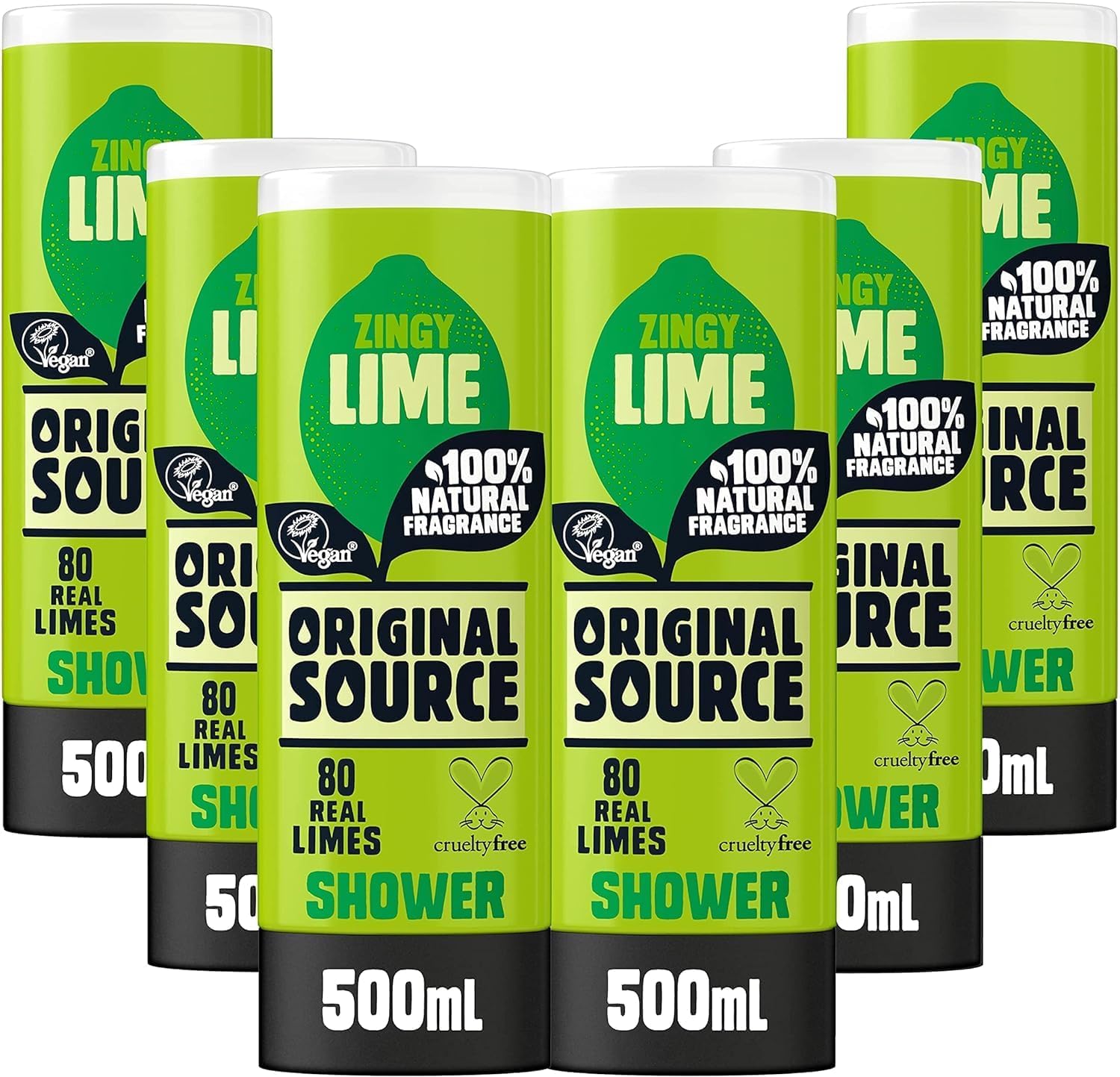 Original Source Lime Shower Gel, 100 Percent Natural Fragrance, Vegan, Cruelty Free, Paraben Free, Bulk Buy, Pack of 6 x 500 ml