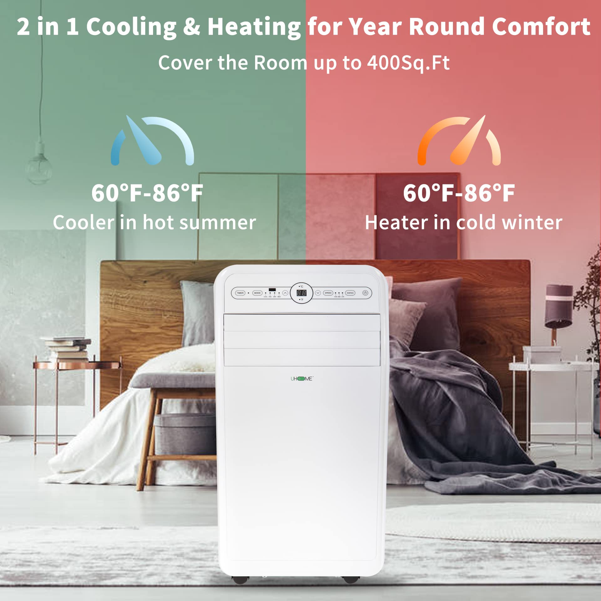 Uhome 12000 BTU Portable Air Conditioner with Heater up to 400 Sq. Ft, Ac Heater Combo Window Unit, Portable AC Unit with Dehumidifier & Fan, Cools & Heats,Remote Control and Window Kit Included,White