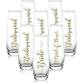 NUPTIO Champagne Glasses Bridal Shower Gift: Set of 8 Stemless Party Prosecco Flutes Tumbler Bride Bridesmaid Maid of Honor Wedding Clear Gold Embossed