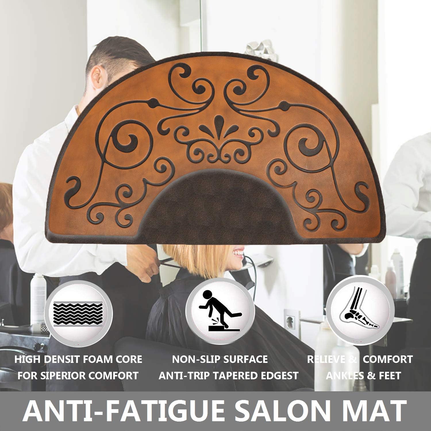 Amcomfy 3 ft. x 5 ft. Anti Fatigue Semi Circle Salon Mat for Hair Stylist Anti-Slip Antique Series Salon & Barber Shop Chair Floor Mat (3' x 5' x 5/8'', Antique Light): Kitchen & Dining