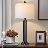 MOUVOVO 28" Tall Modern Table Lamps with USB C+A Ports and AC Outlet, 3 Way Touch Metal Bedside Lamps for Bedroom, Black Nightstand Lamps for Living Room