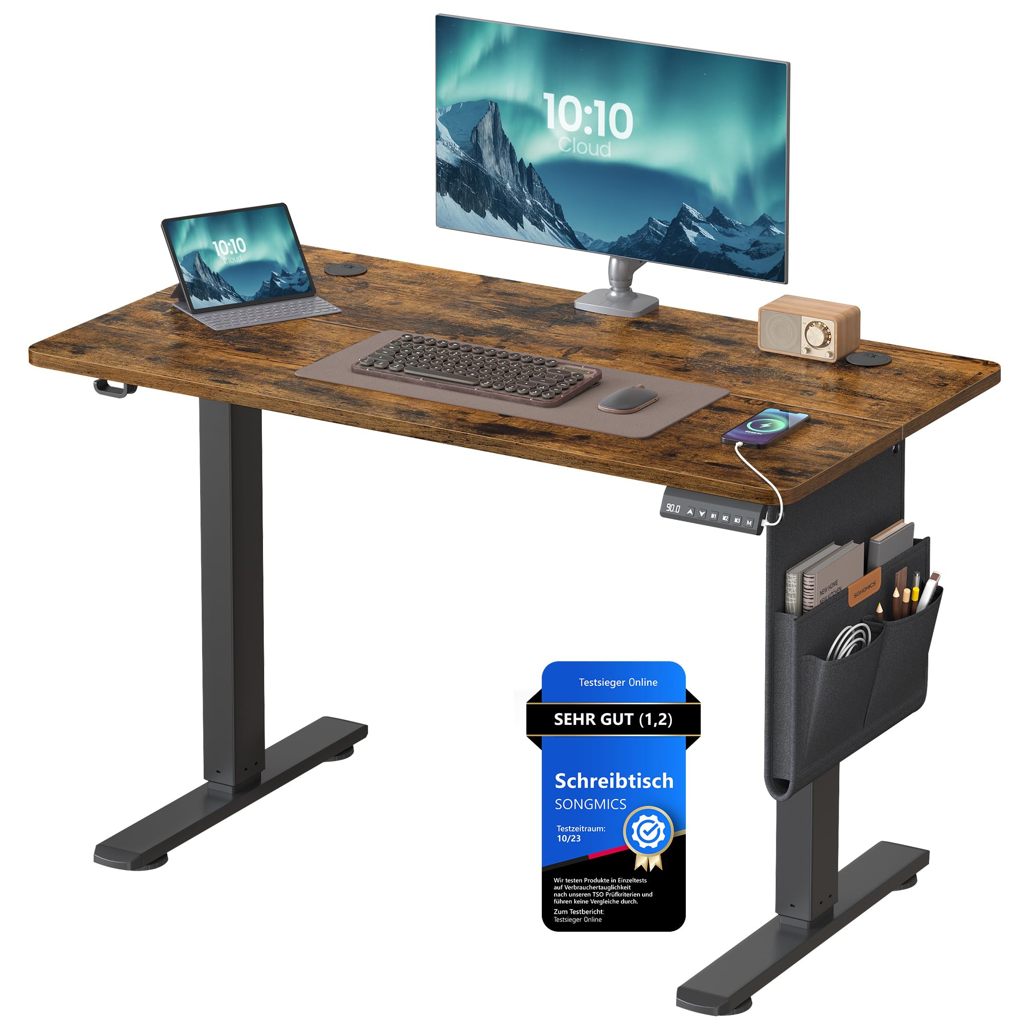 SONGMICS Höhenverstellbarer Schreibtisch elektrisch, 100 x 60 cm, Verstellbarer Tisch, Memory-Funktion für 4 Höhen, für Büro, vintagebraun LSD130KD01