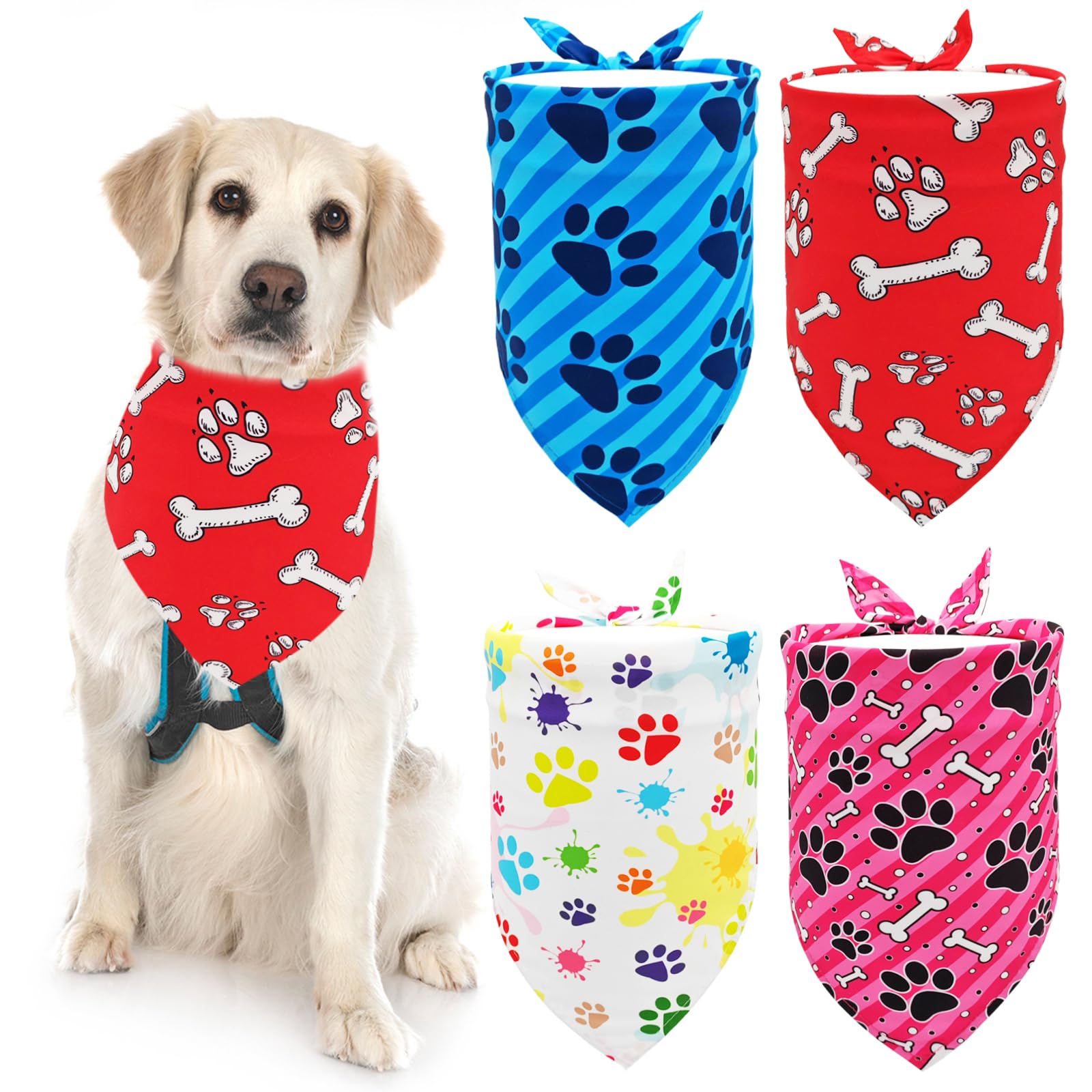 BIPY 4pcs Large Dog Bandanas Paw Pattern Pet Triangle Scarf Puppy Daily Soft Bibs for Large XL Dogs Washable Adjustable Pet Neckerchief Festival Party Costume — image 1