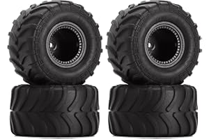 INJORA Monster Truck Wheel Rim Tires Set for Axial SCX24 FMS FCX24 and TRX4MT, 70 * 38mm, MT1012(Black)
