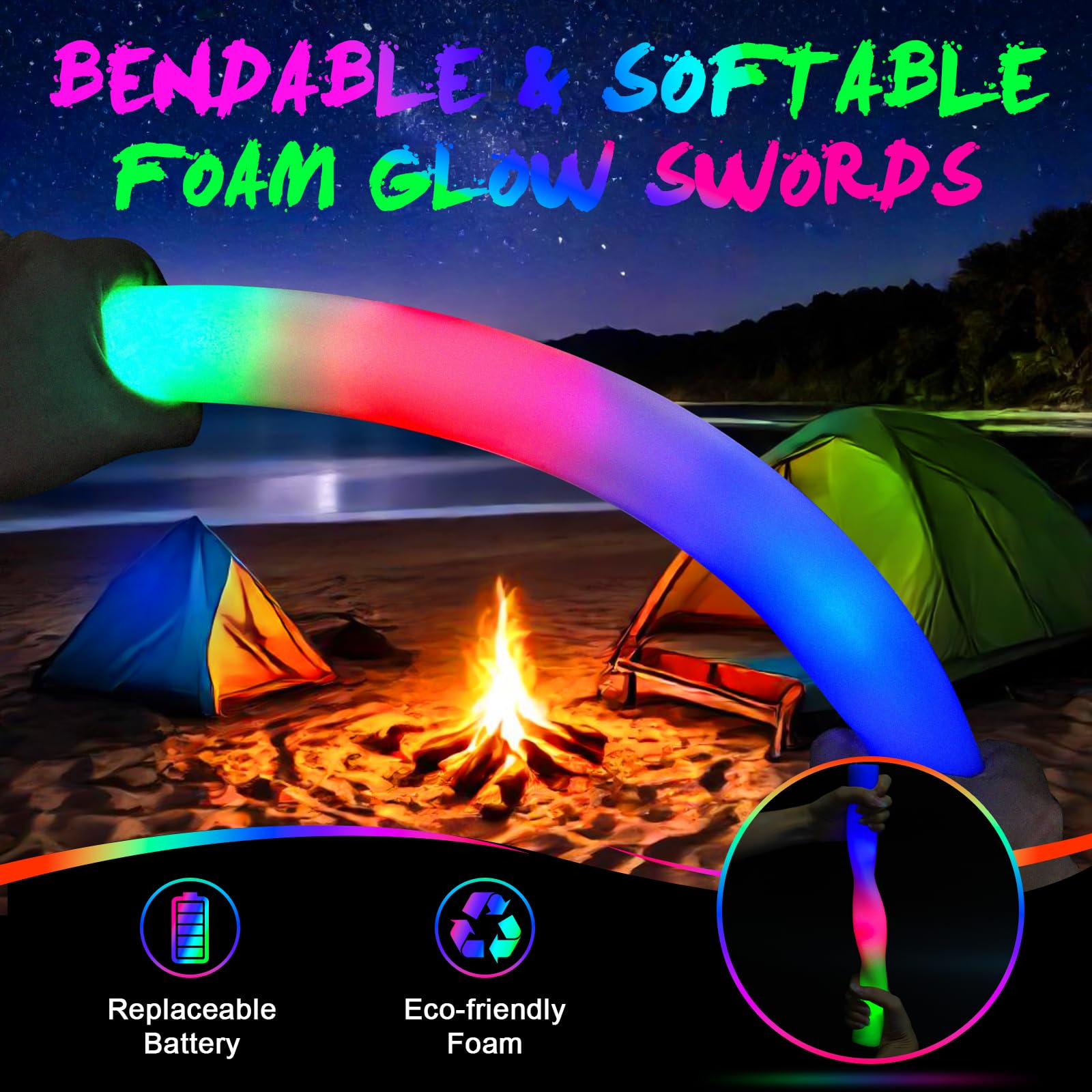 wellent 64 Pack Foam Glow Sticks, Bulk LED Foam Sticks, Foam Light Up Sticks with 3 Mode Colorful Flashing, Glow Party Supplies, Glow Sticks Bulk Party Pack for Wedding, Birthday, Concert, Halloween