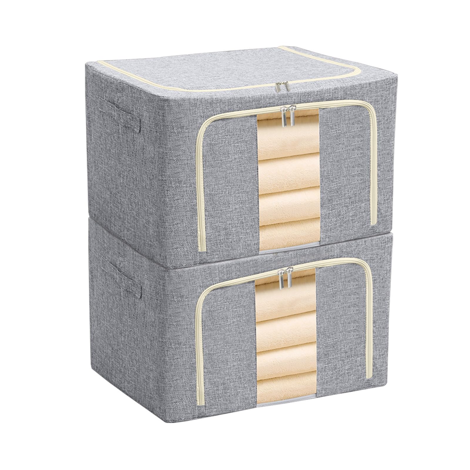 BOMEI PACK 2 Packs Clothes Storage Box Closet Wardrobe,Dormitory Underbed Foldable Grey Organizer Sturdy Boxes durable with Metal Frame,Two Zippers,Reinforced Handles,Clear Front Window