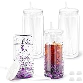 CHLJAR 4 Pack Acrylic Snow Globe Tumbler, 20oz Snowglobe Cups with Pre Drilled Hole, Double Wall Plastic Cups Blanks with Clear Lid and Plastic Straw, Glitter Snow Globe Cup for DIY Gift