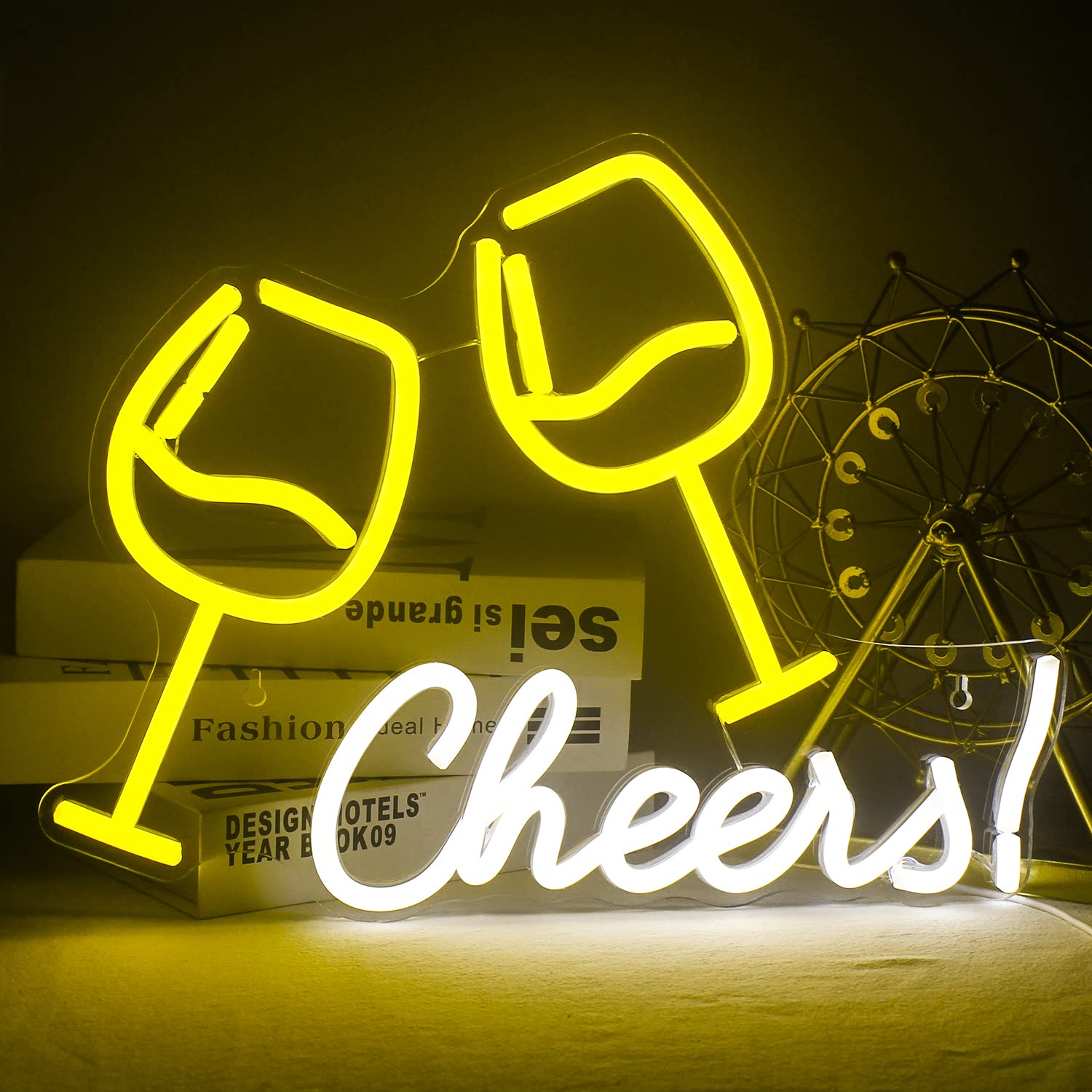 Cheers Neon Signs for Wall Decor, Wine Glass Shaped Neon Light Sign, Cheers Led Light Up Sign with USB Powered for Bar, Shop, Club, Pub