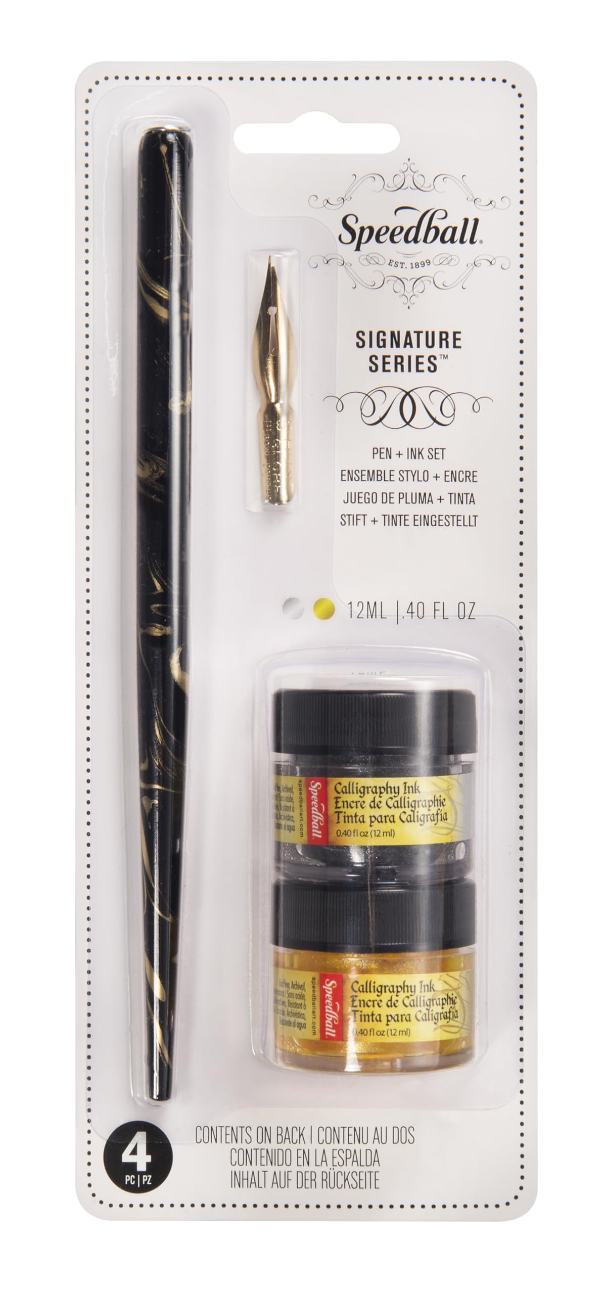 Speedball Signature Series Pen And Ink Set Gold & Black Marbleised Pen Holder, Gold & Silver Ink, Pen Cleaner, Ink Writing, Handwriting, Calligraphy, Lettering Quill, Writers, Artists, Tool, Pen Set