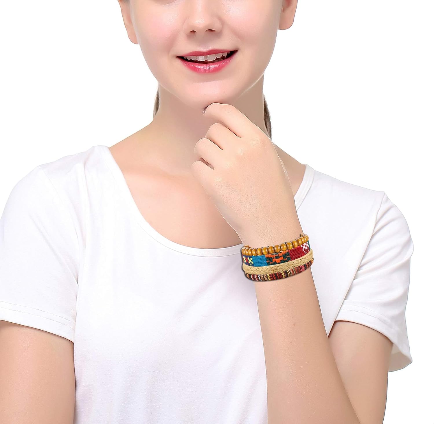 FIBO STEEL 32 Pcs Braided Leather Bracelets for Men Women Wooden Beads Cool Hemp Tribal Wristbands Cuff Punk Multilayered Bracelets: Clothing