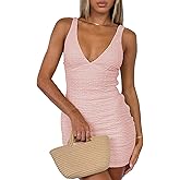 ZREQV Women's Bubble Plaid Mini Dress - Sexy V-Neck Backless Bodycon Summer Dress for Party Club Vacation