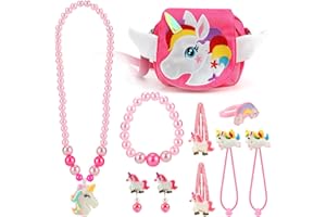 HIFOT Kids Jewelry Little Girls Handbag Necklace Bracelet Earrings Ring Hair Clips Set, Unicorn Jewelry Party Favors Gift for