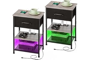 LAKEMID Nightstands Set of 2 with Charging Station and Drawer, End Table Side Table with 20 Colors LED Light Strip and 2 Layers Shelf for Bedroom Living Room Sofa (Grey)
