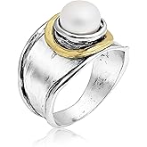 JEAN RACHEL JEWELRY Mixed Metal Two Tone Ring for Women – Pearl Hammered – 925 Sterling Silver & 14K Gold Over Silver – White Freshwater Pearl Statement Ring – Hypoallergenic Design