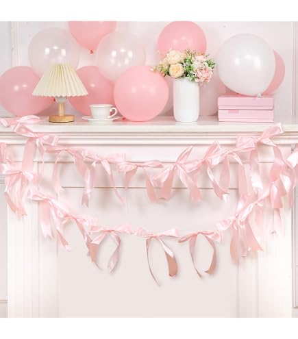 Bow Garland Decor For Bachelorette Party Decorations, Pink Satin Ribbon Coquette Table Birthday Party Garland, Bow Decor Banner For Bridal Shower, Wedding Favors, Birthday, Engagement Supplies