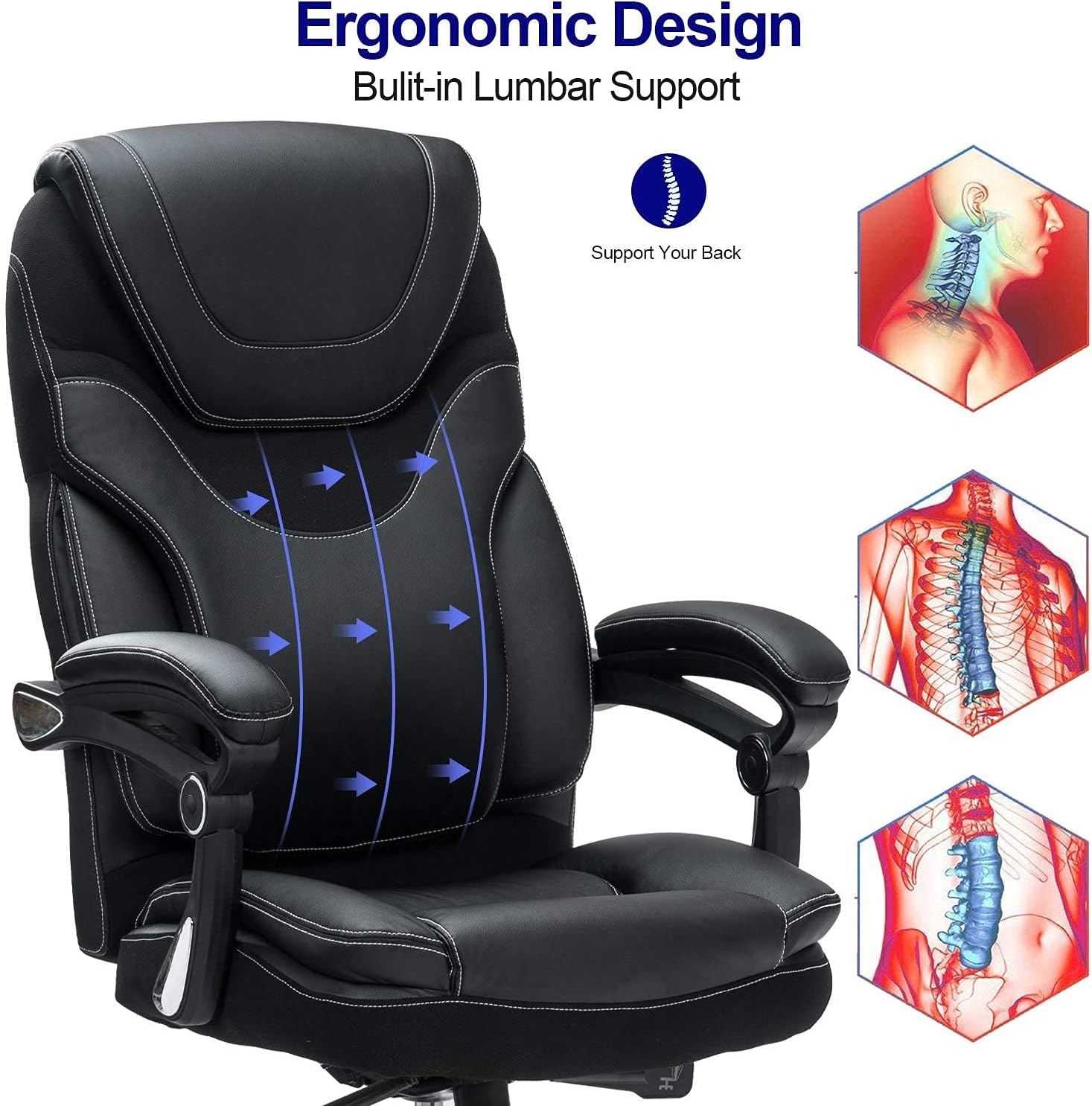 KCREAM Executive Office Chair, Computer Chair with Thick Padded Armrest and Lumbar Support for Home & Office, Bonded Leather Executive Chair, Big and Tall Ergonomic Computer Desk Chair: Kitchen & Dining