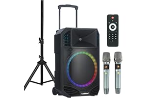 EXOTON S-1501 15 Inch Portable Rechargeable PA Speaker - 1600W, Bluetooth, TWS, USB/RCA, 2 UHF Mics, Remote, 7-Color Lights, DSP with 4 Scene Presets, 5-Band EQ