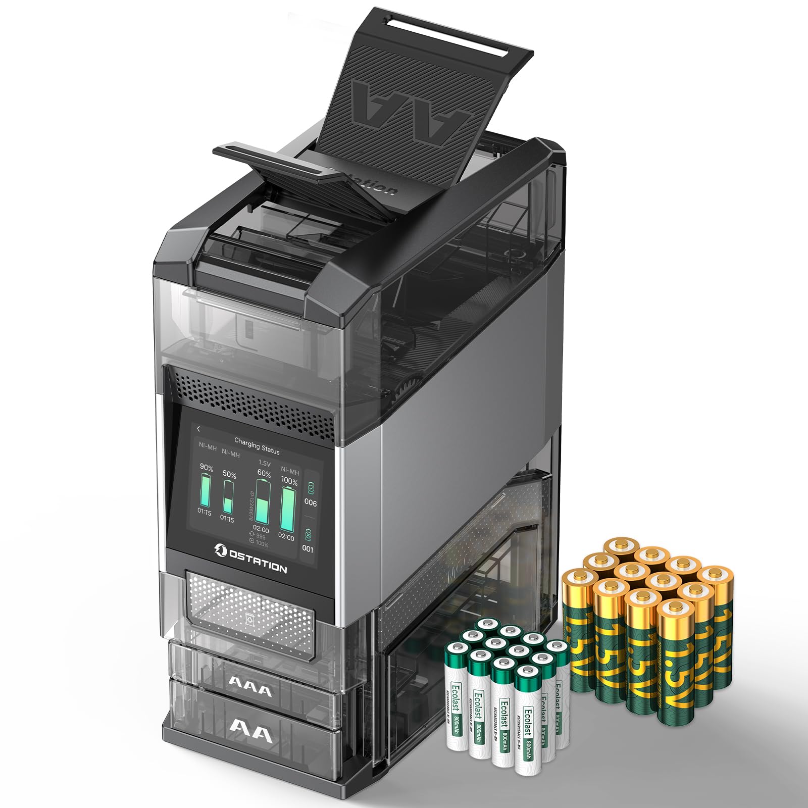 Photo 1 of Ostation 2 Pro 3-in-1 Smart Battery Charger with 12 pcs AA Li-ion & 12 pcs AAA NiMH Rechargeable Batteries, Polarity-Free, Auto Detection & Storage, App Control, Touchscreen, Flashlight Charging Ports