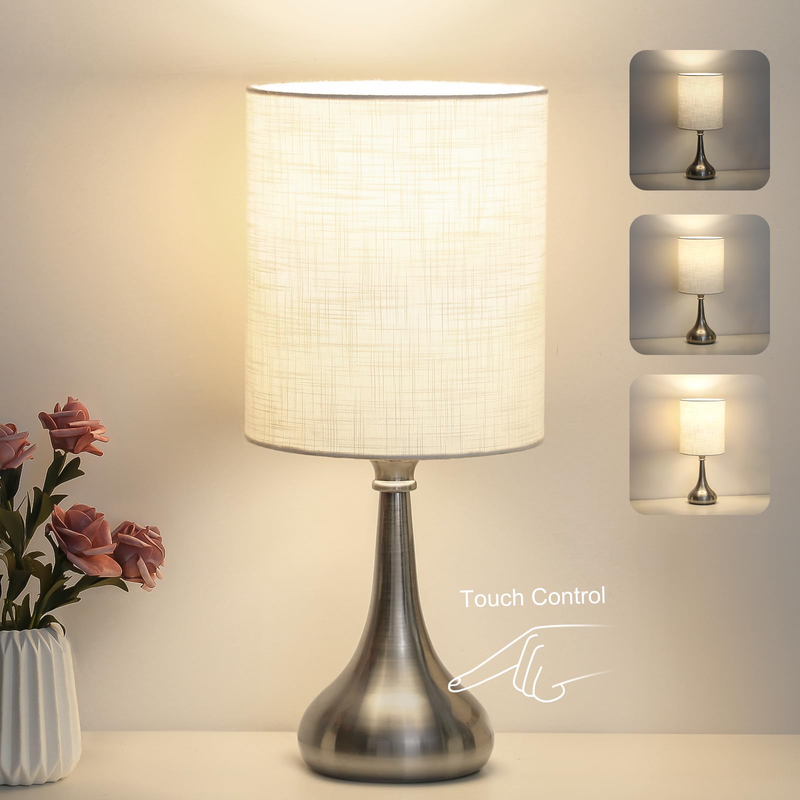 Photo 1 of Boncoo Touch Control Table Lamp, 3 Way Dimmable Simple Night Light Lamp with White Lampshade Silver Metal Base, Small Bedside Table Lamp for Bedroom, Office, Dorm, A19 9W 3000K Bulb Included