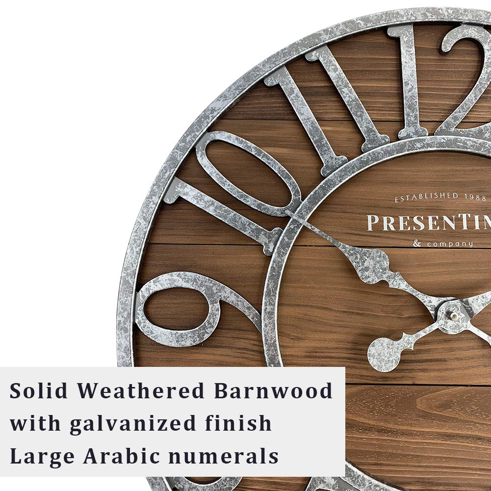 Presentime & Co Vintage Farmhouse Series, Galvanized Rustic Barnwood Clock, 19.5 inch, Galvanized Finish Arabic Numerals with Weathered Natural Barnwood, Farmhouse Décor/Wall Décor