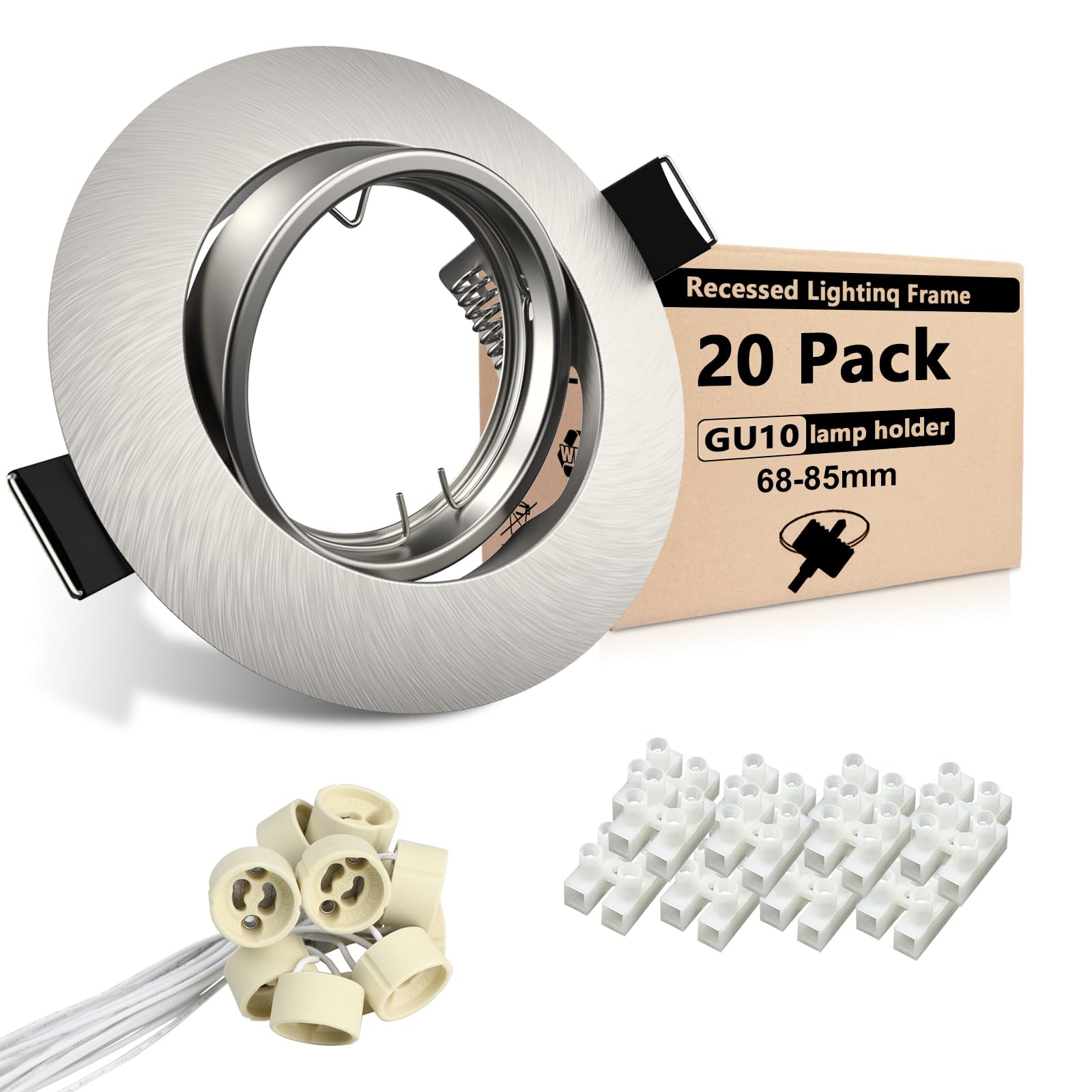 Wondlumi Recessed Ceiling Light Fittings Round Brushed Chrome Frame for Spot Lights 30° Tilt Adjustable Downlight with GU10 Lamp Holder 20 Pack
