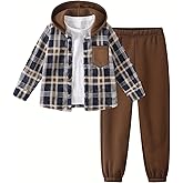 Fdqin 2Pcs Kids Boys Flannel Plaid Shirt Tops Pants Set Hoodie Sweatsuit for Fall Winter Spring Outfits 3-12 Years