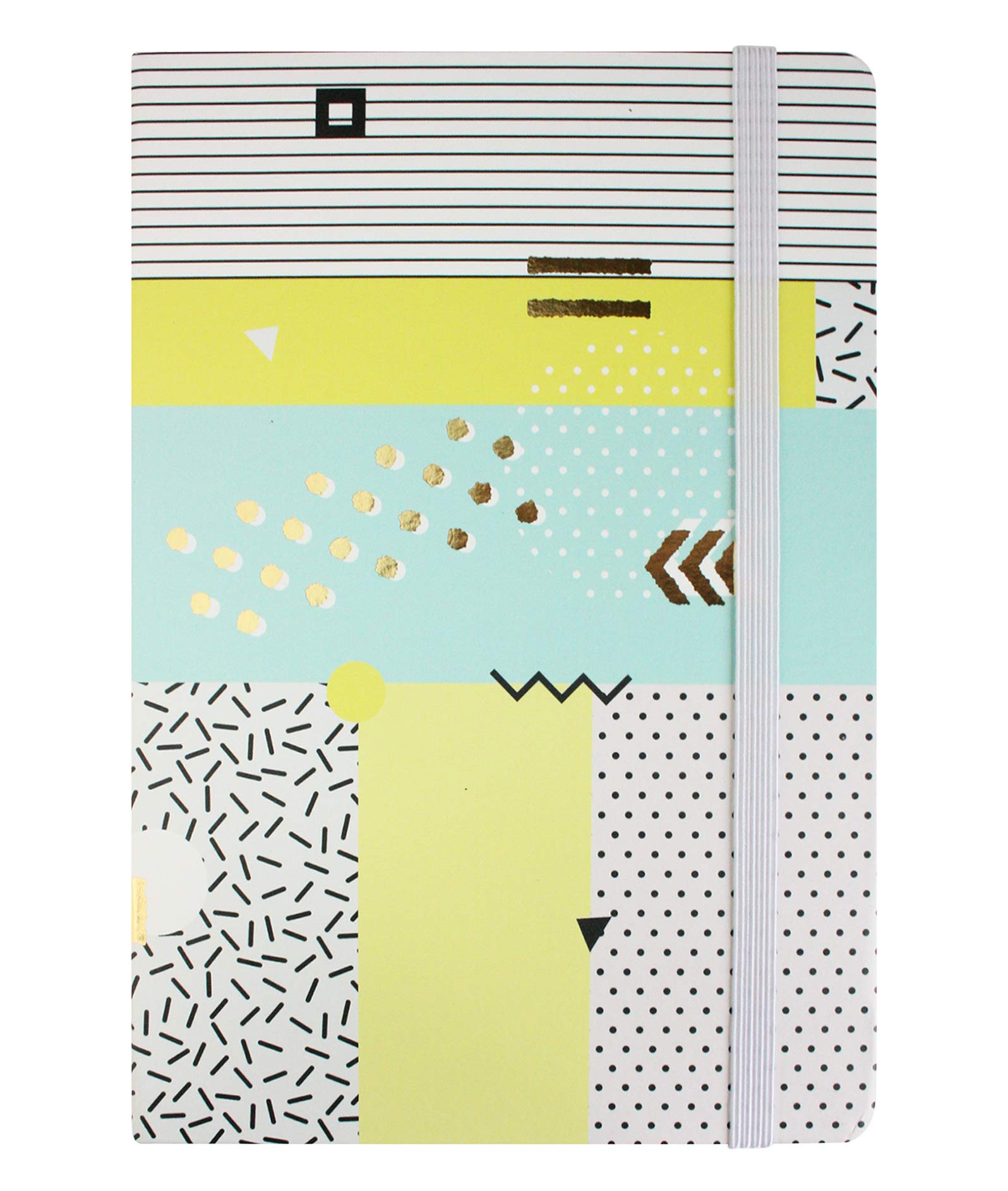 Emartbuy A5 Size Blue Green Hardbound Notebook – 96 Sheets (192 Pages) - Pastel Geo Gold Design with Elastic Closure & Lined Pages for School & Office