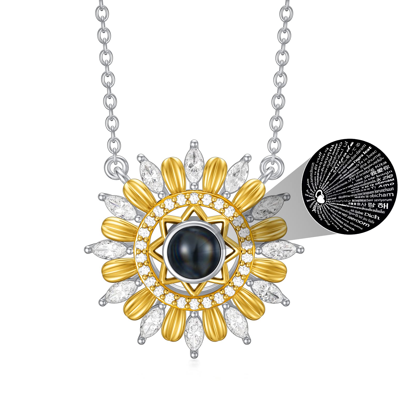 Seiyang Sunflower Necklace Sterling Silver I Love You Necklace 100 Languages Memory Projection Necklaces You are My Sunshine Jewelry Gifts for Women