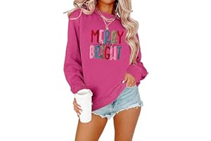 YALUCOR Merry Christmas Sweatshirts Women Merry And Bright Christmas Pullover Top Chenille Patch Letter Printed Xmas Gifts Top