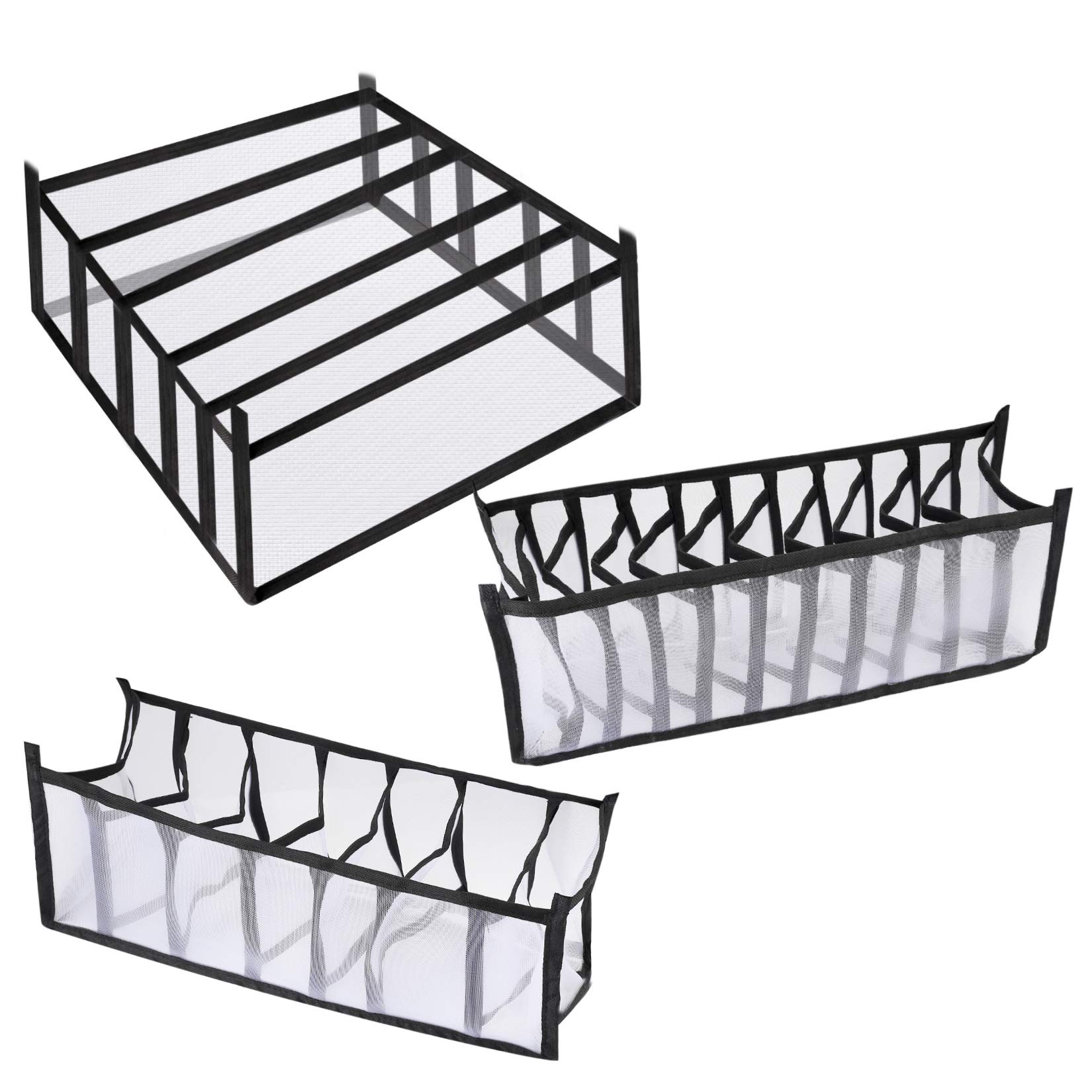 Underwear Drawer Organiser, 3 Pcs Drawer Dividers Storage Box, Wardrobe Closet Cabinet Storage Organiser for Underwear, Socks, Bras, Ties, Collapsible Organizer(3 Pcs; 6/7/11 Grid)