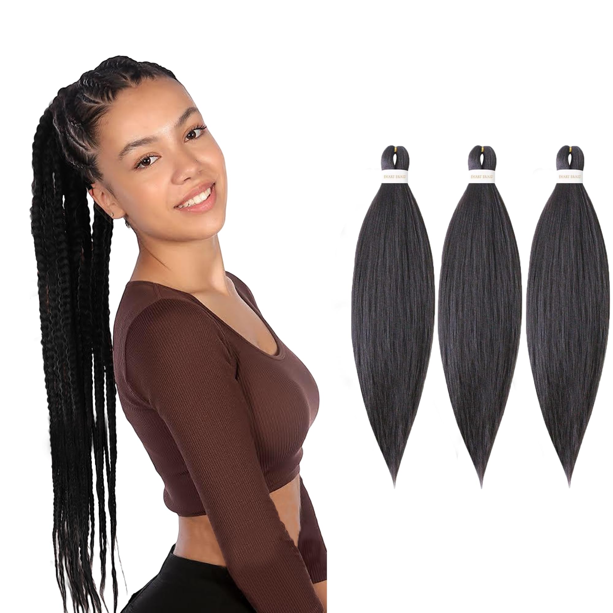 Smart Braid 3 Packs Pre Stretched Braiding Hair 28 Inch – Kanekalon Synthetic Hair Extensions for Braiding, Yaki Texture, Hot Water Set, Quick Dry, Soft & Natural Look (#4 (Chocolate Brown))