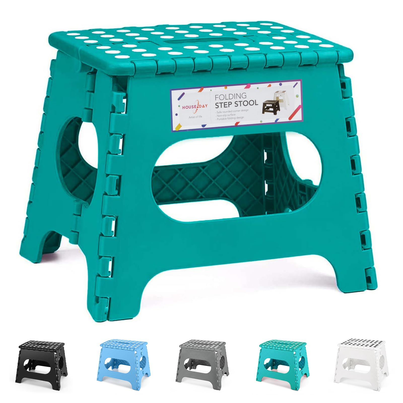 HOUSE DAY 11 Inch Folding Step Stool for Kids- Heavy Duty Plastic Step Stool for Adult Foldable Stools Sturdy Kitchen Step Skid Resistant Folding Stools for Bedroom/Bathrooom-Lake Green