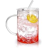 Koythin Glass Cups with Lids and Straws, Iced Coffee Cups with Lid for Tea Lattes Juices Sodas Beer, High Volume Tumbler with Handle for Mom Women, Aesthetic Bowknot Glasses Water Bottles (Pink Bow)