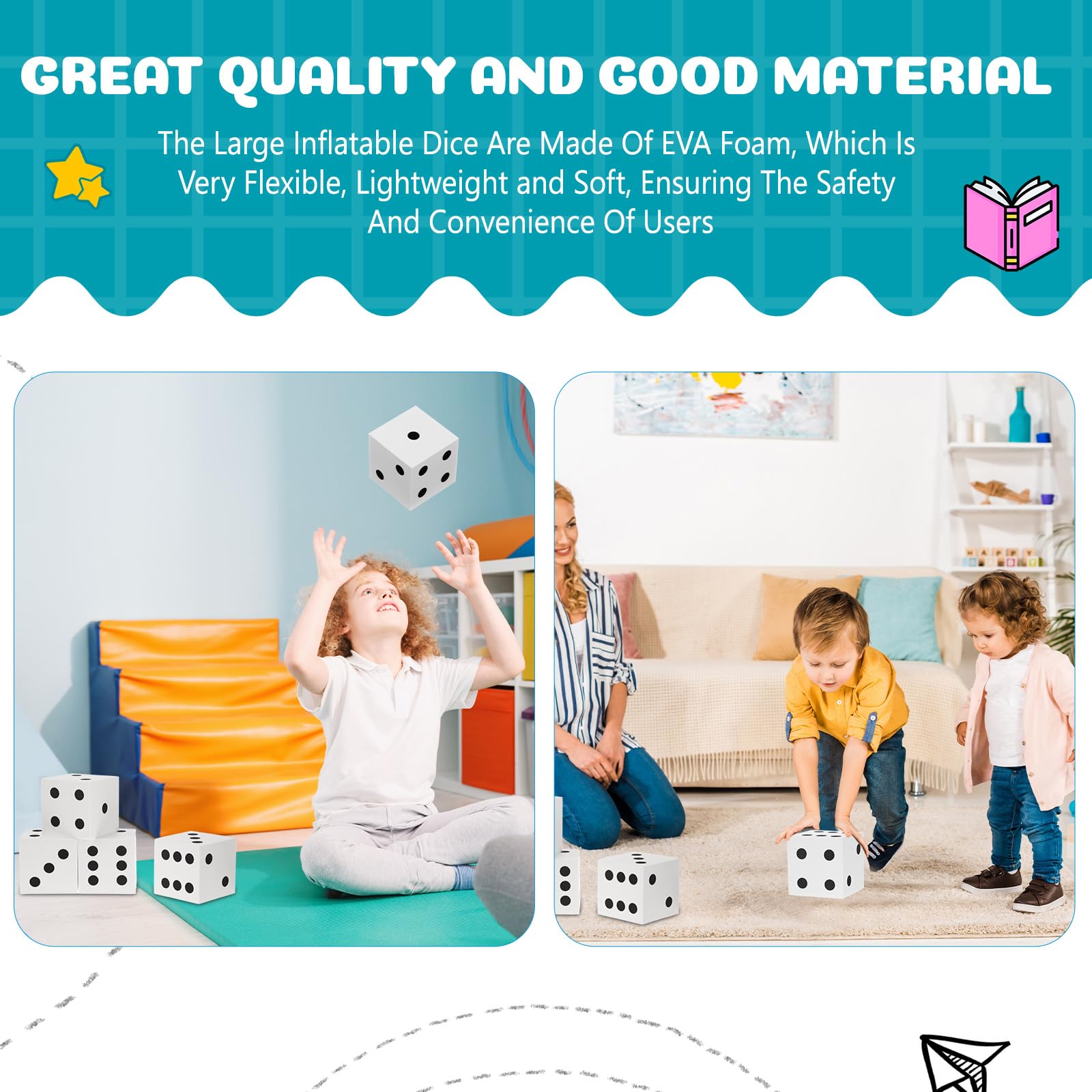 Shappy 4 Pieces 3.5 Inch Foam Dice Cube Jumbo Dice with Number Dots Big Giant Foam Large Cube for Christmas Game Math Classroom Party Favors Bag Stuffers(White)