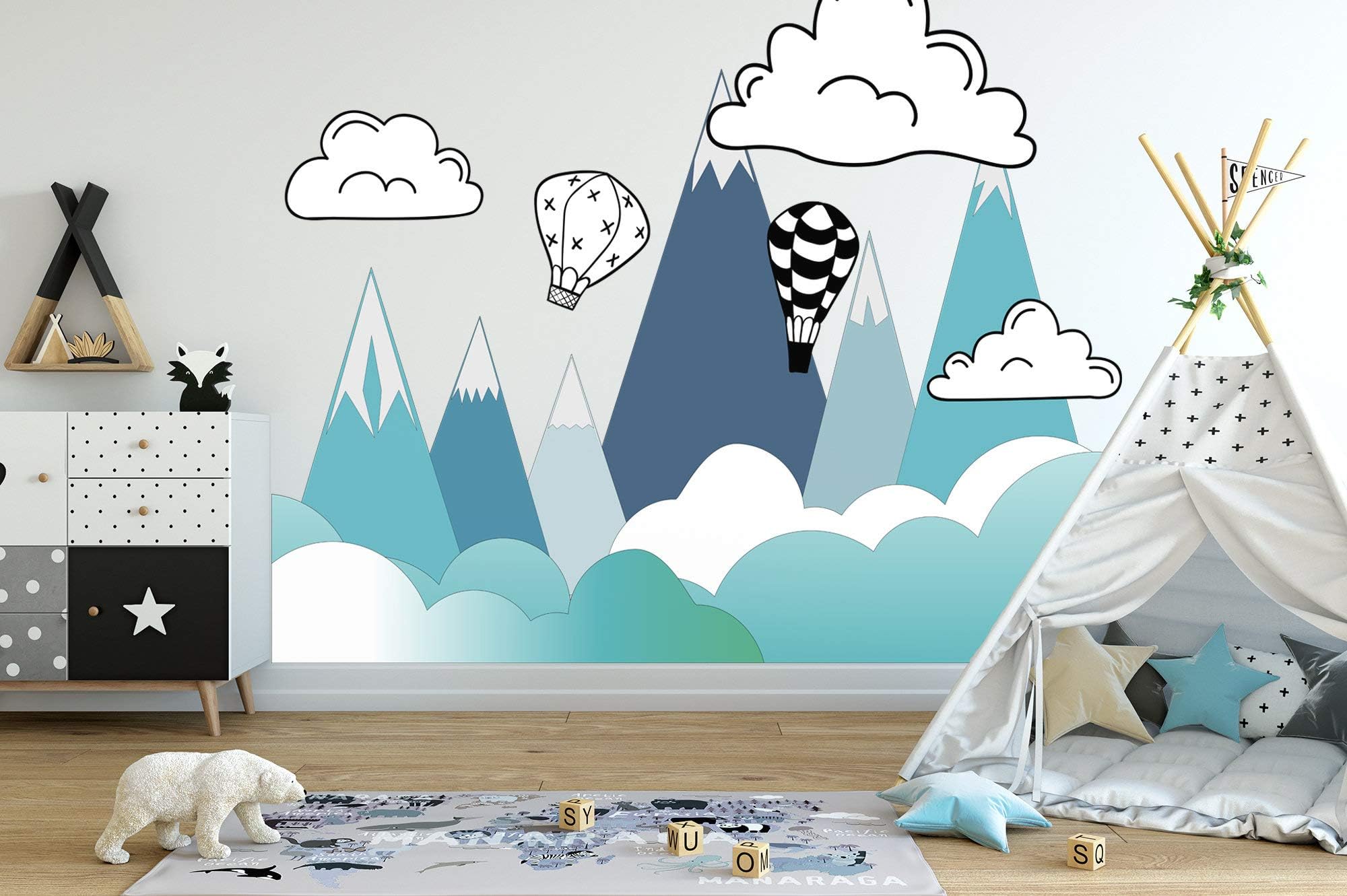 Diuangfoong Mountains Nursery Wall Decal Ombre Mountains Wall Decal Kids Woodland Nursery Decor Large Mountain Wall Mural Clouds Decal