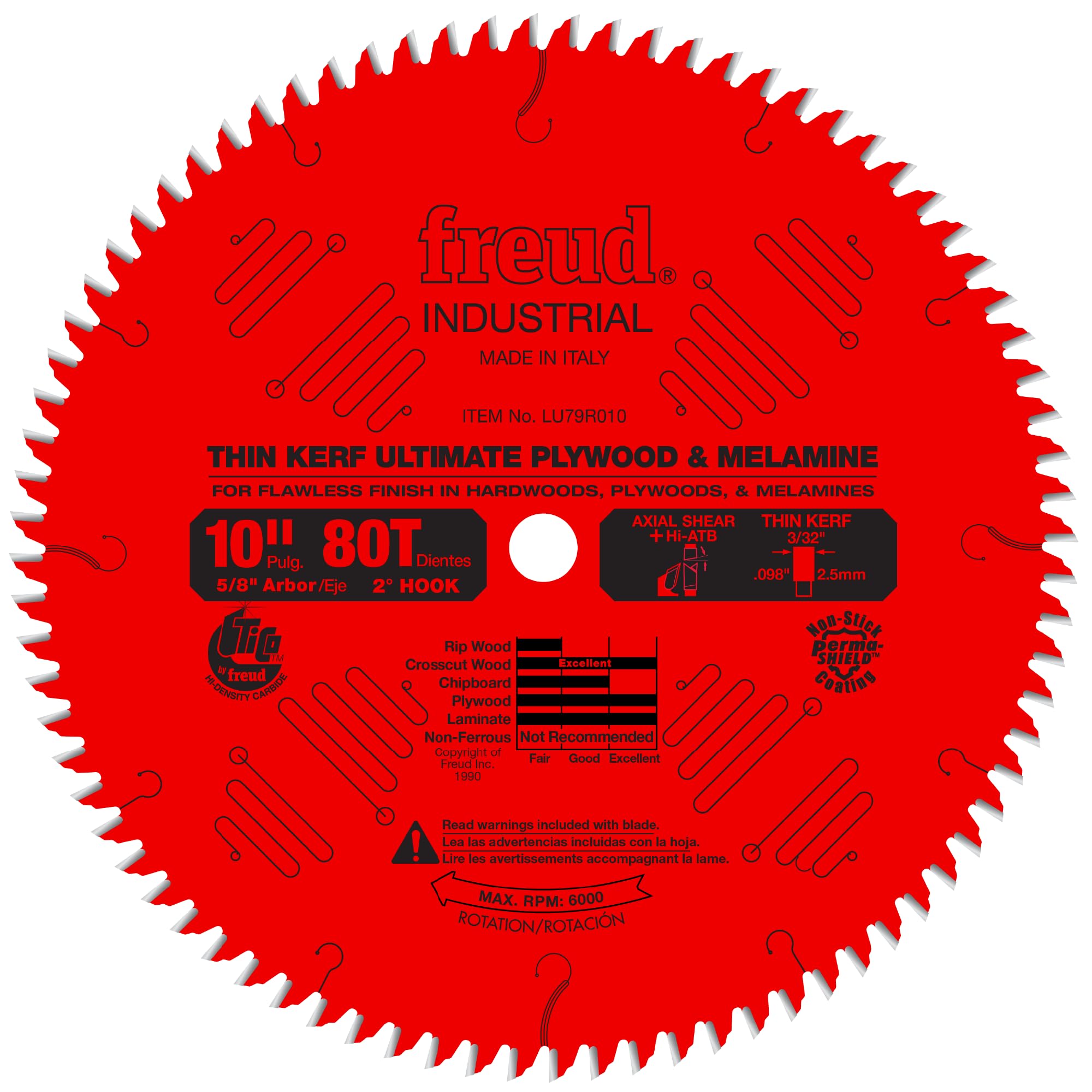 Hoja de sierra Freud Thin Kerf Ultimate para madera contrachapada y melamina con mezcla de corte transversal de carburo de alta densidad Tico premium para máximo rendimiento - 10 de diámetro, 80 dientes - LU79R010